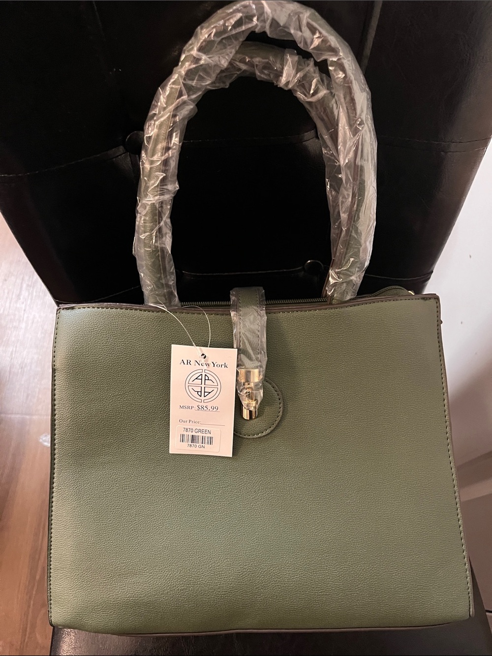 AR New York Olive Green Structured Satchel with Gold Hardware